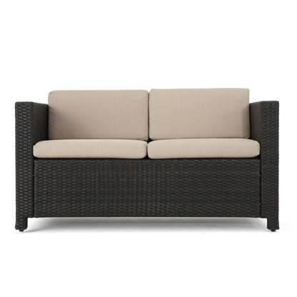 Outdoor Patio Set PE Rattan Dark Brown 4 Piece Loveseat Chairs Coffee Table