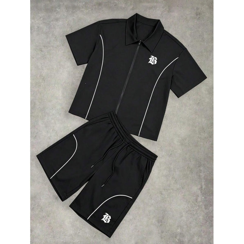 Striped Zip-front Short-sleeve Shirt And Shorts Set