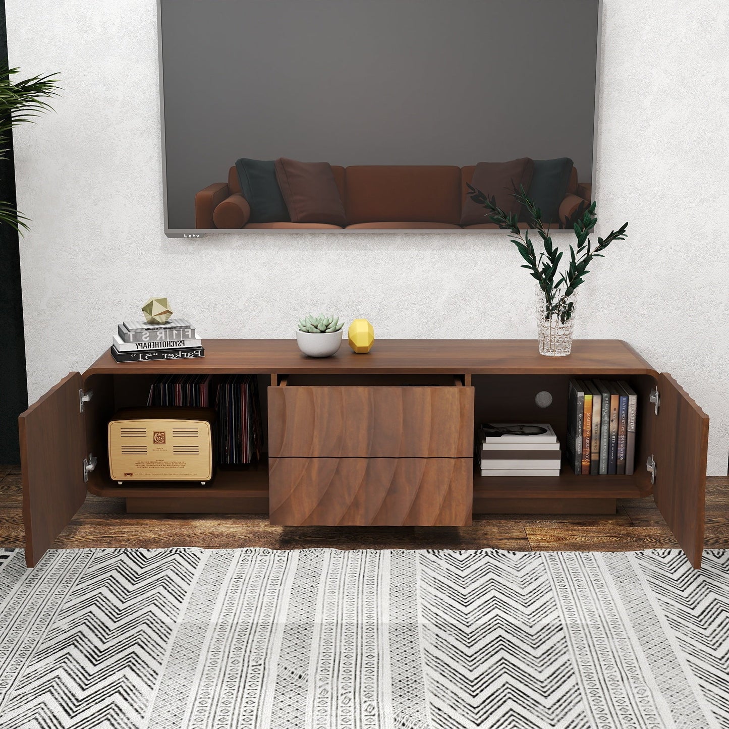 TV Stand Floating Base Spiral Wave Walnut for 60" TVs