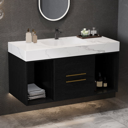 39.4' Floating Bathroom Vanity with Ceramic Sink, 2 Drawers and 2 Open Shelves