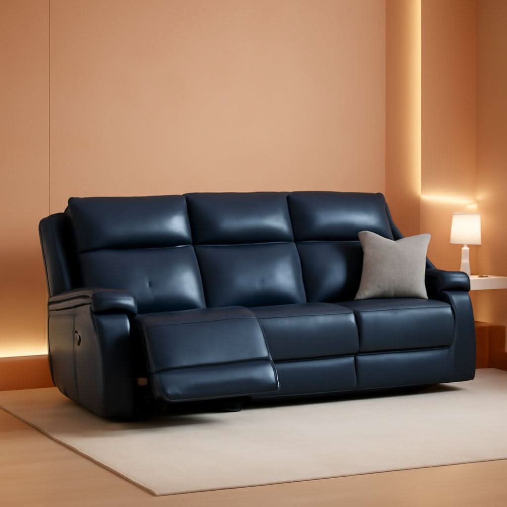 Navy Genuine Leather Power Recliner Sofa With USB Type C