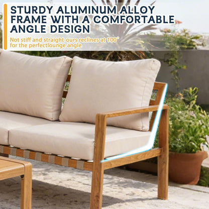 Outdoor Sectional Set Aluminum Woodgrain Yellow Gray L-Shape 4 Pc