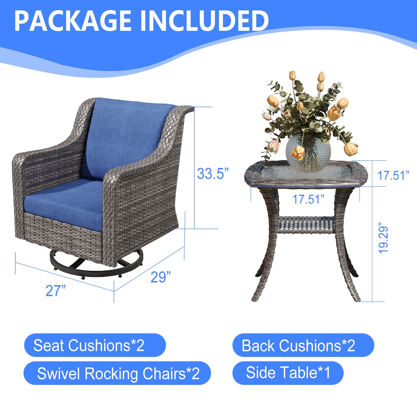 Outdoor Patio Swivel Chairs Set of 2 PE Rattan Gray