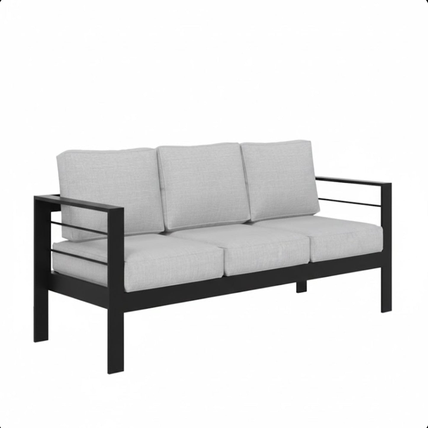 Outdoor Sofa Aluminum Black Light Gray Olefin Cushions 3 Seat 74in