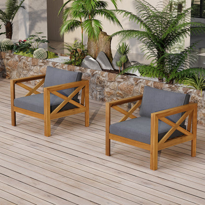 Outdoor Conversation Set Acacia Wood Teak Dark Gray Cushion 3 Piece