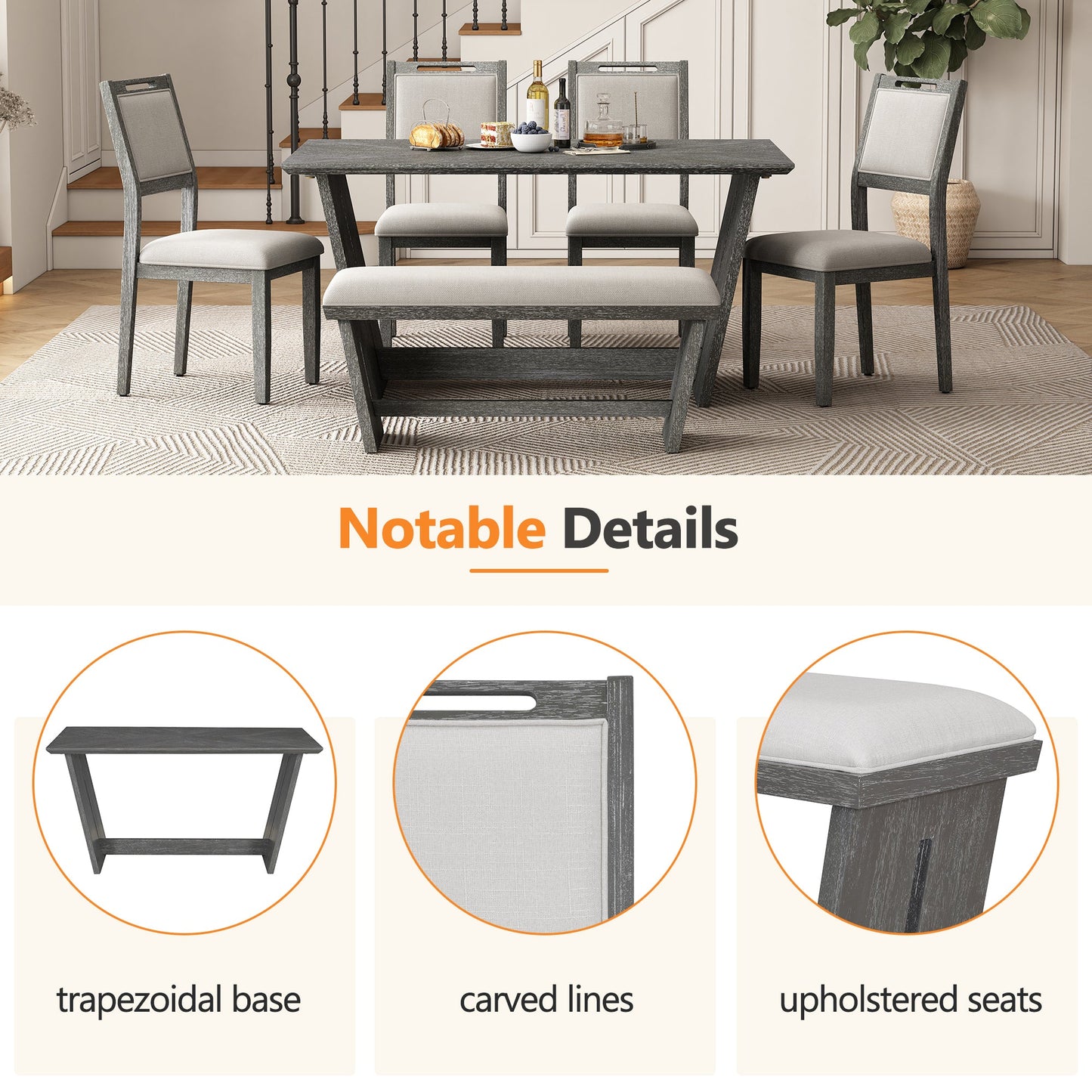 6-Piece Retro Dining Table Set for 6, 60' Wood Kitchen Table and Chairs Set of