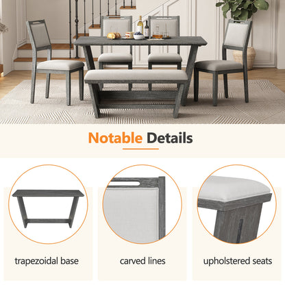 6-Piece Retro Dining Table Set for 6, 60' Wood Kitchen Table and Chairs Set of