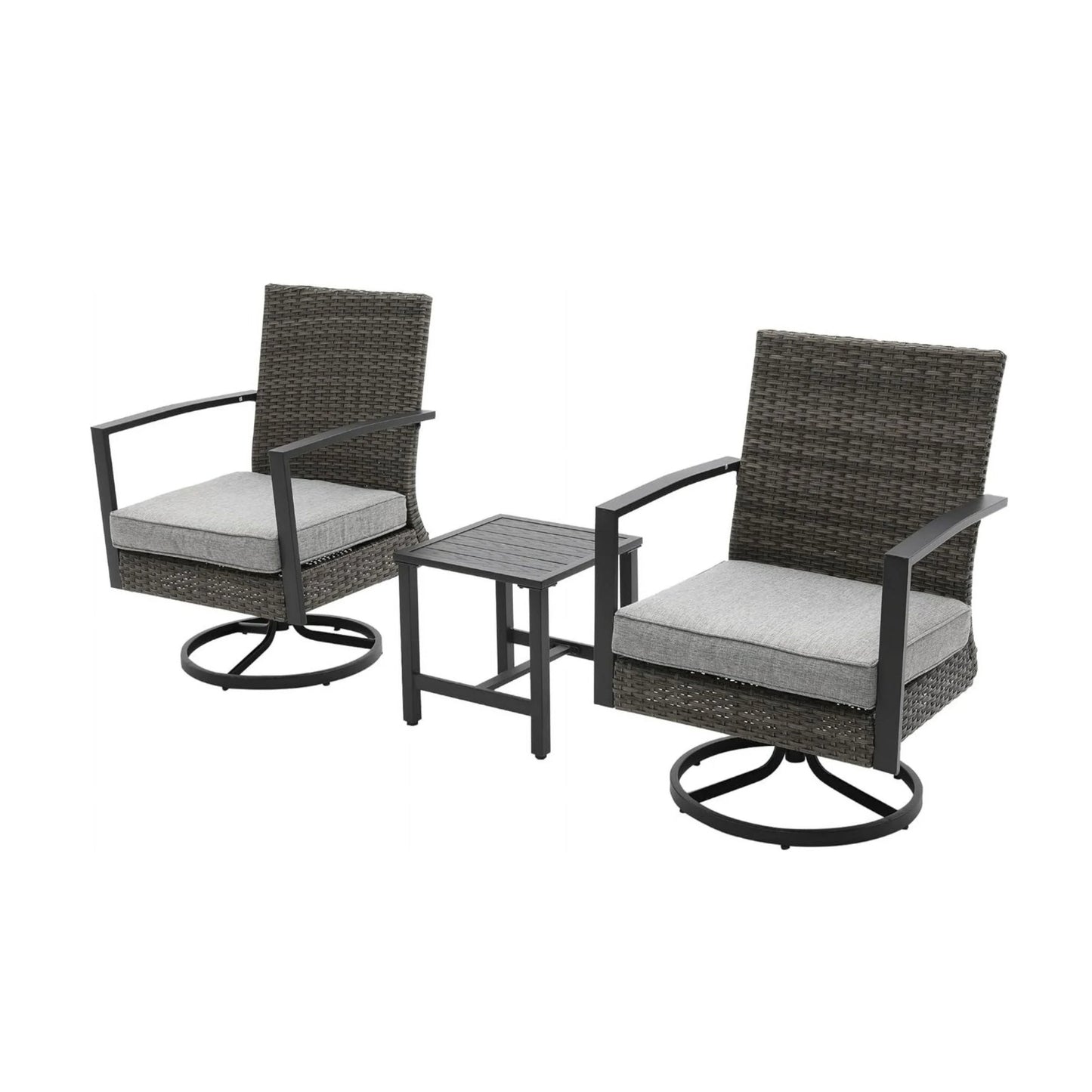 Outdoor Bistro Set Rattan Swivel Rocker Gray 3 Piece with Side Table