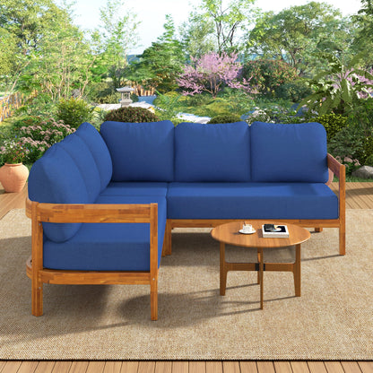 Outdoor Sofa Set Acacia Wood Arc Frame Blue Cushions L-Shape 6 Piece