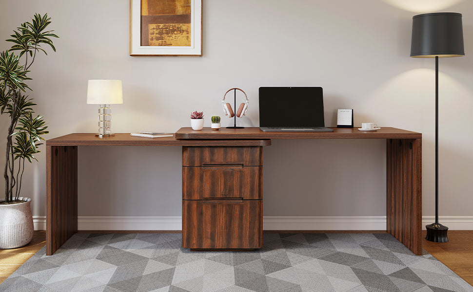 90' Modern L Shaped Desk in Walnut with 3 Drawers,360deg Wood Rotating Desk,Exe...