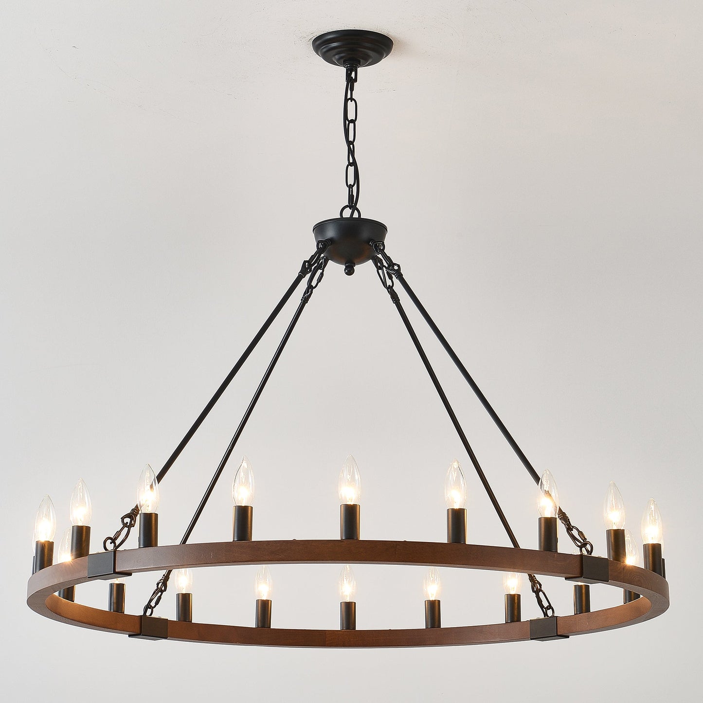 Chandelier Wood Wagon Wheel 20-Light Farmhouse Matte Black 39.3 In