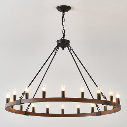 Chandelier Wood Wagon Wheel 20-Light Farmhouse Matte Black 39.3 In