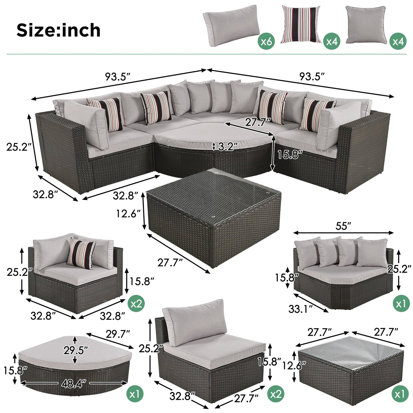 Outdoor Wicker Sofa Set Brown 7 Piece Colorful Pillows Seats 6