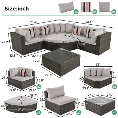 Outdoor Wicker Sofa Set Brown 7 Piece Colorful Pillows Seats 6