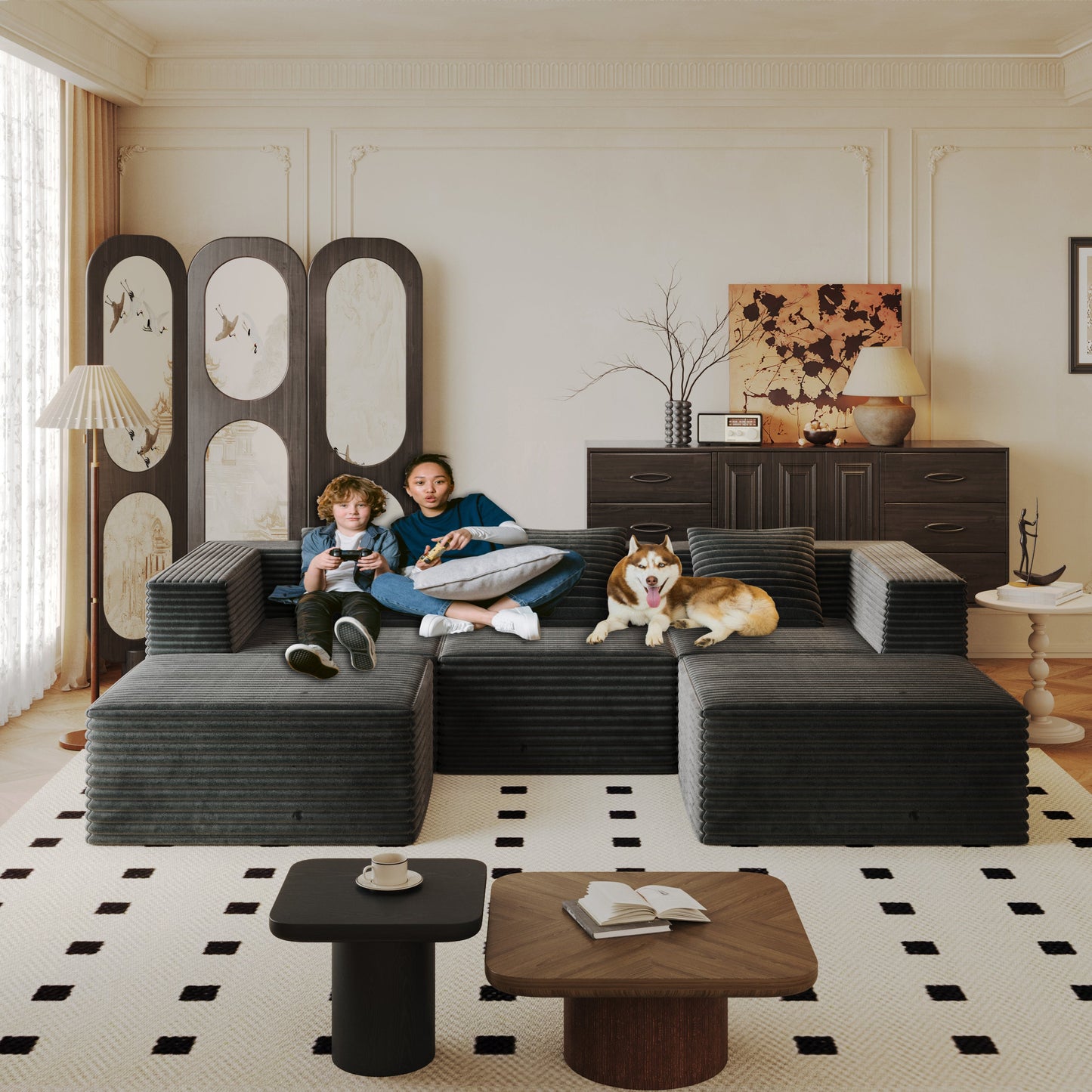 Sectional Sofa Modular Corduroy Gray 3 Seat 2 Ottomans 107 In No Assembly