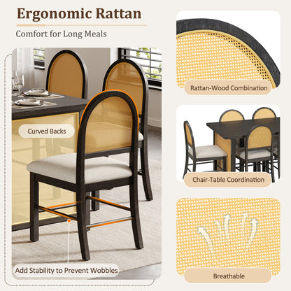 7-Piece Farmhouse Dining Table Set for 6, 59.8 in Rectangular Table with Rattan Chairs