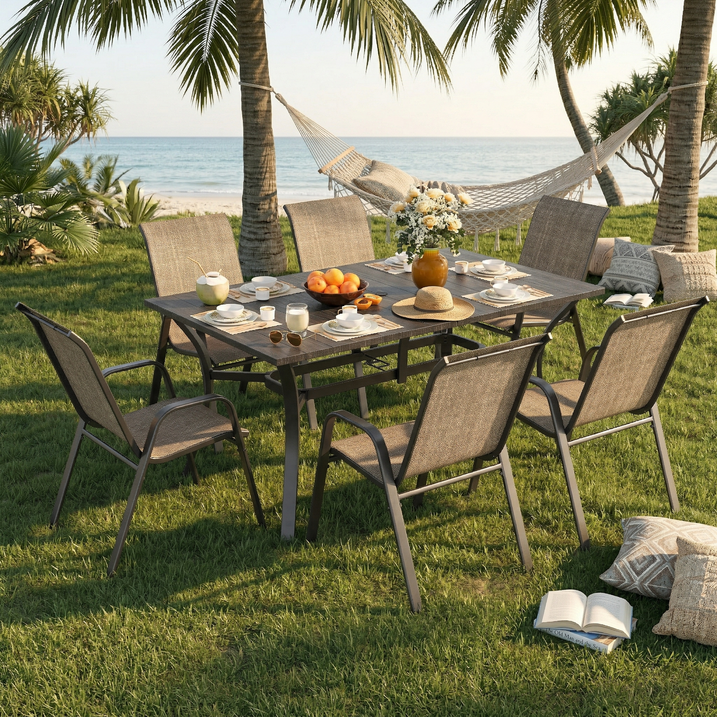 7-Piece Outdoor Patio Dining Set, 63' x 38' Rectangular Wood-Grain Metal Table