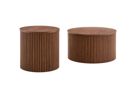 2-Piece Nesting Coffee Table Set, Roman Column MDF Round, Built-in Storage