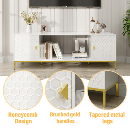 TV Stand Fireplace Space MDF White Honeycomb Door Gold Legs 80 LB 70 In