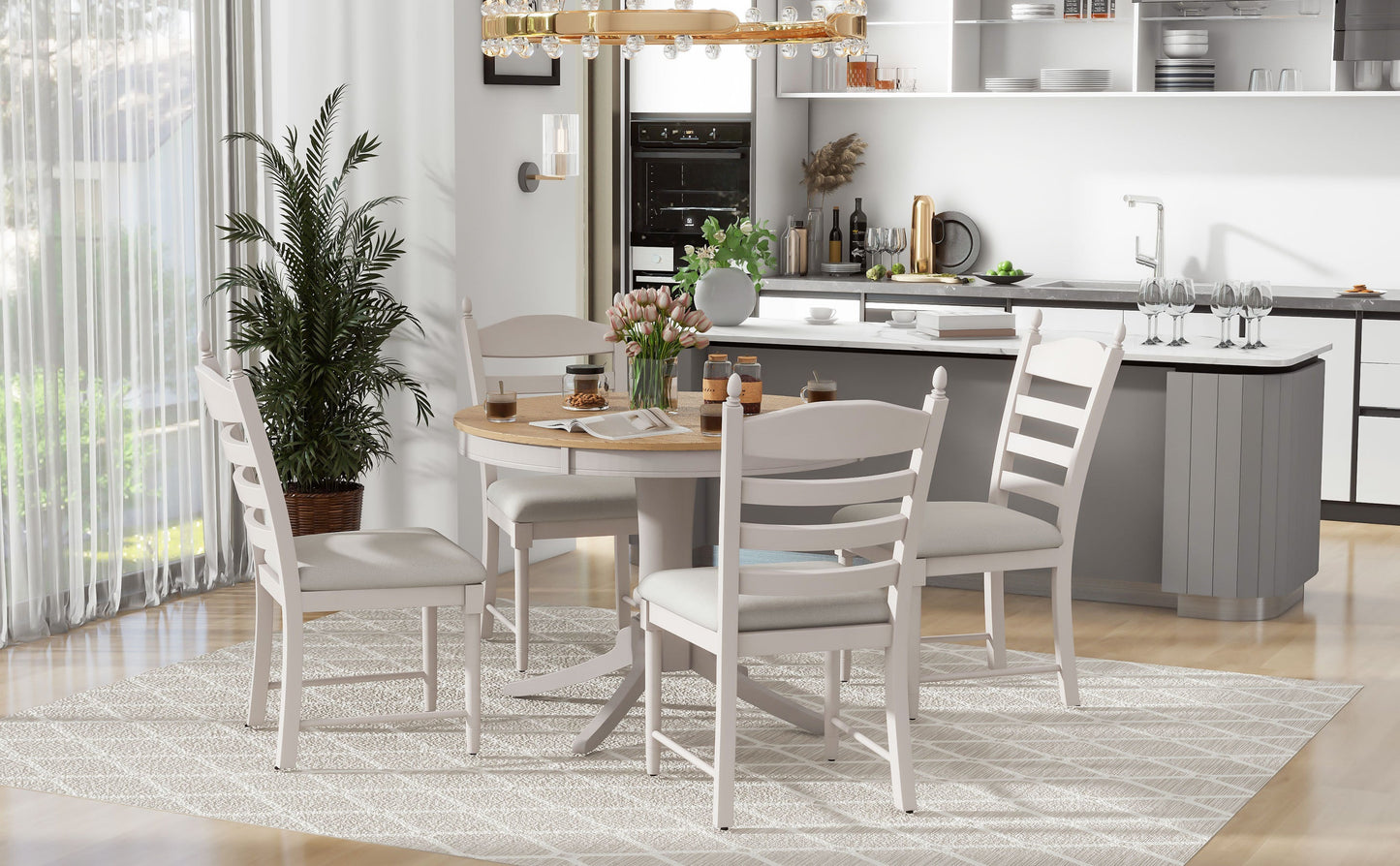 5-Piece Retro Functional Dining Table Set Wood Round Extendable Dining Table