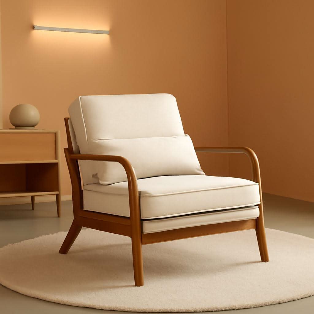 Beige Linen Fabric Mid Century Upholstered Accent Chair