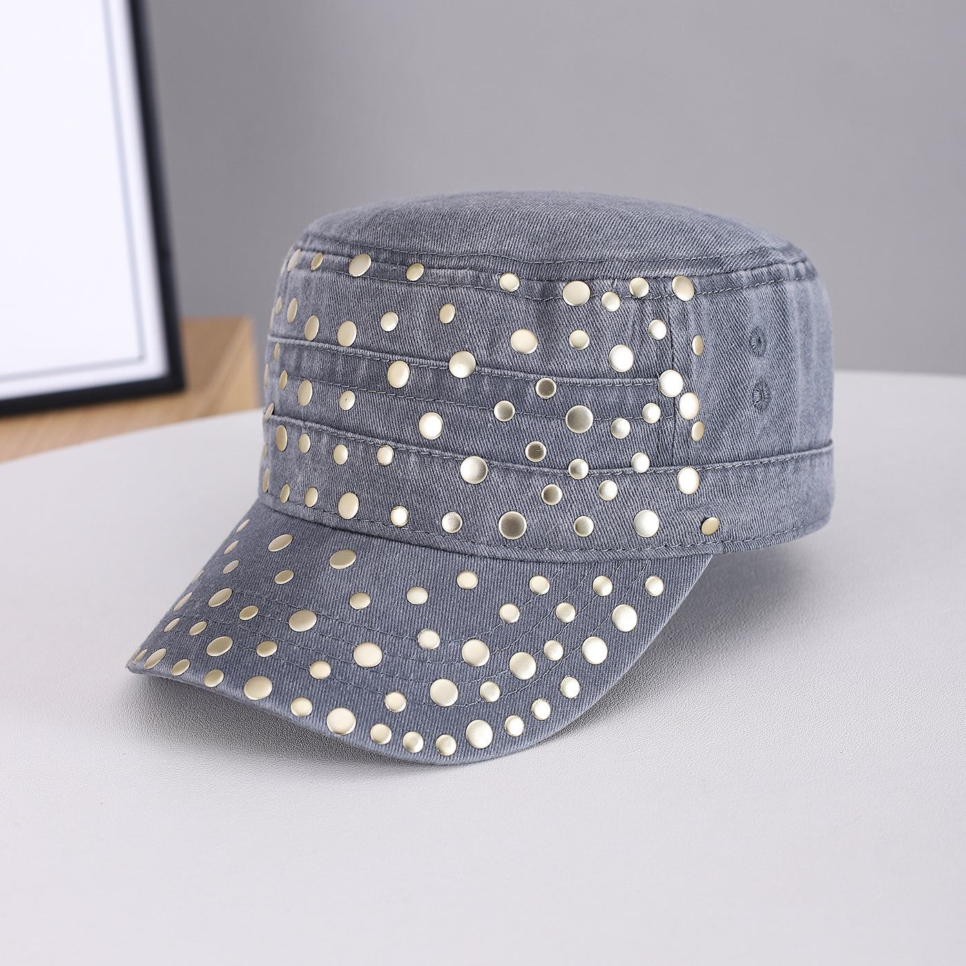 Men's And Women's Metal Rivet Decorated Washed And Distressed Material Flat-top Style Retro Punk Hat. Suitable For Daily Street Wear In School Settings.