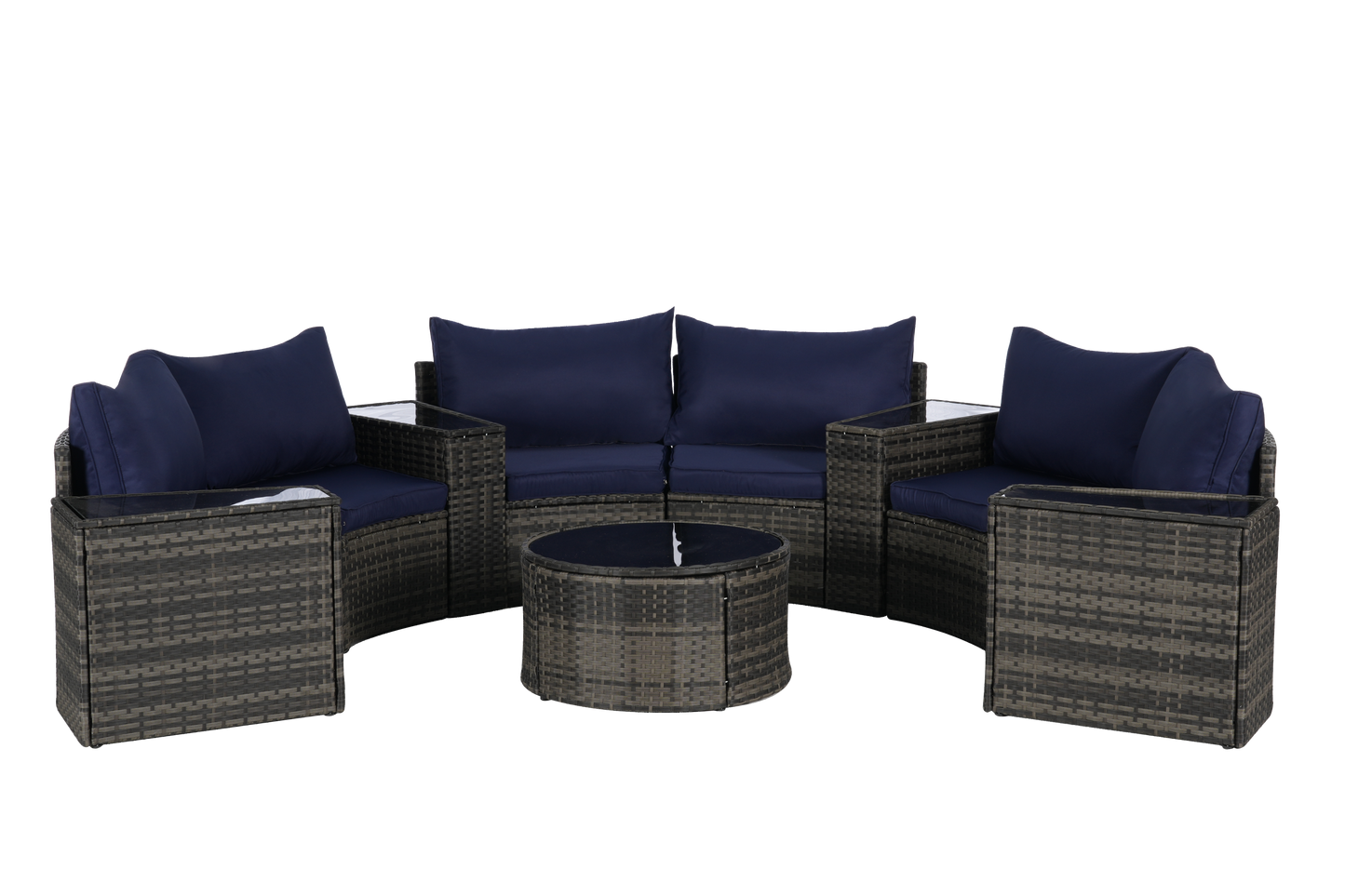 Outdoor Sectional Set PE Rattan Dark Blue Half Moon 11 Piece