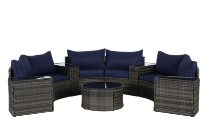 Outdoor Sectional Set PE Rattan Dark Blue Half Moon 11 Piece
