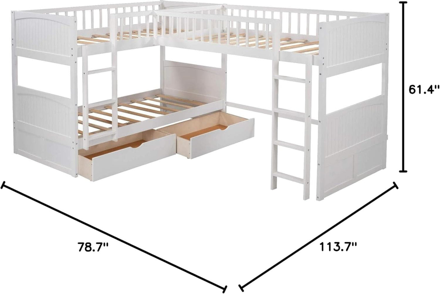 L Shaped Solid Wood Bunk Bed White Twin Over Twin Over Twin With 2 Drawers