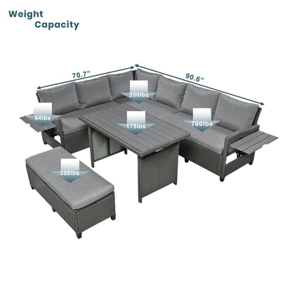 Outdoor Sectional Set PE Wicker Steel Gray 5 Piece L-Shape Seats 7