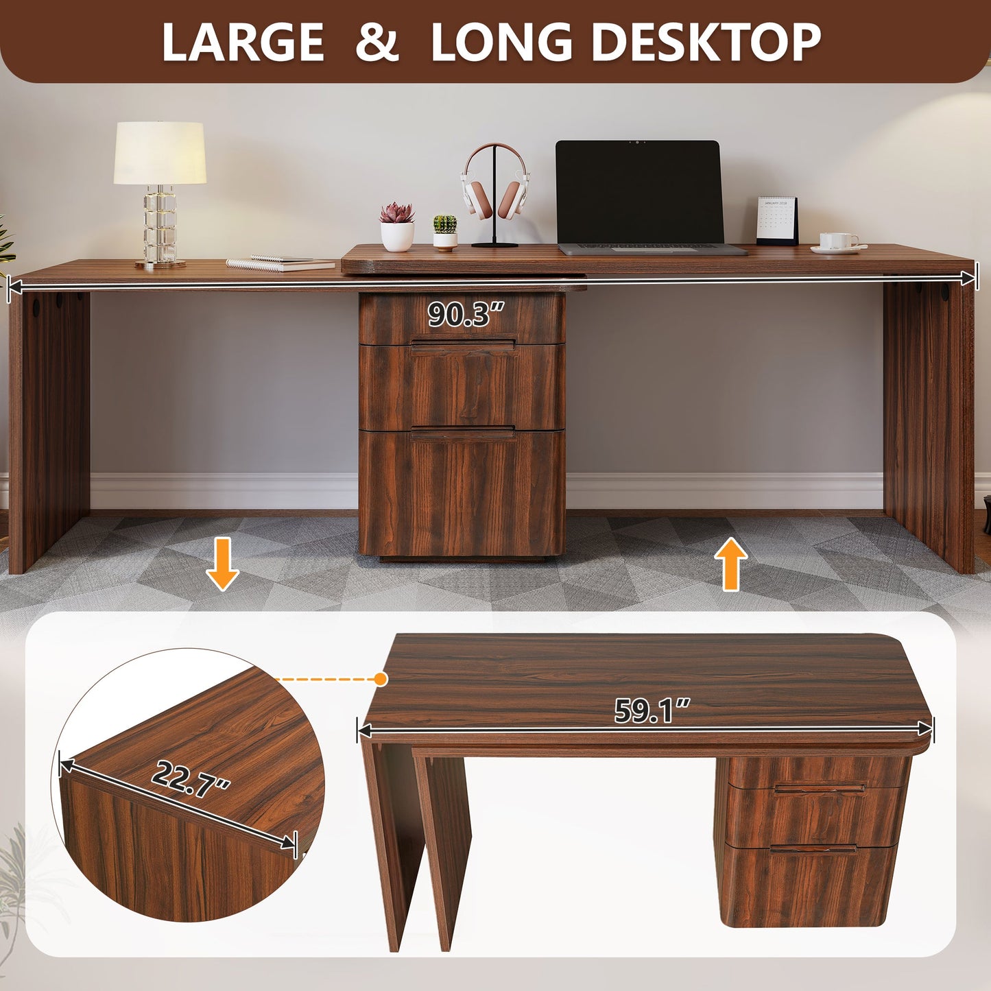 90' Modern L Shaped Desk in Walnut with 3 Drawers,360deg Wood Rotating Desk,Exe...