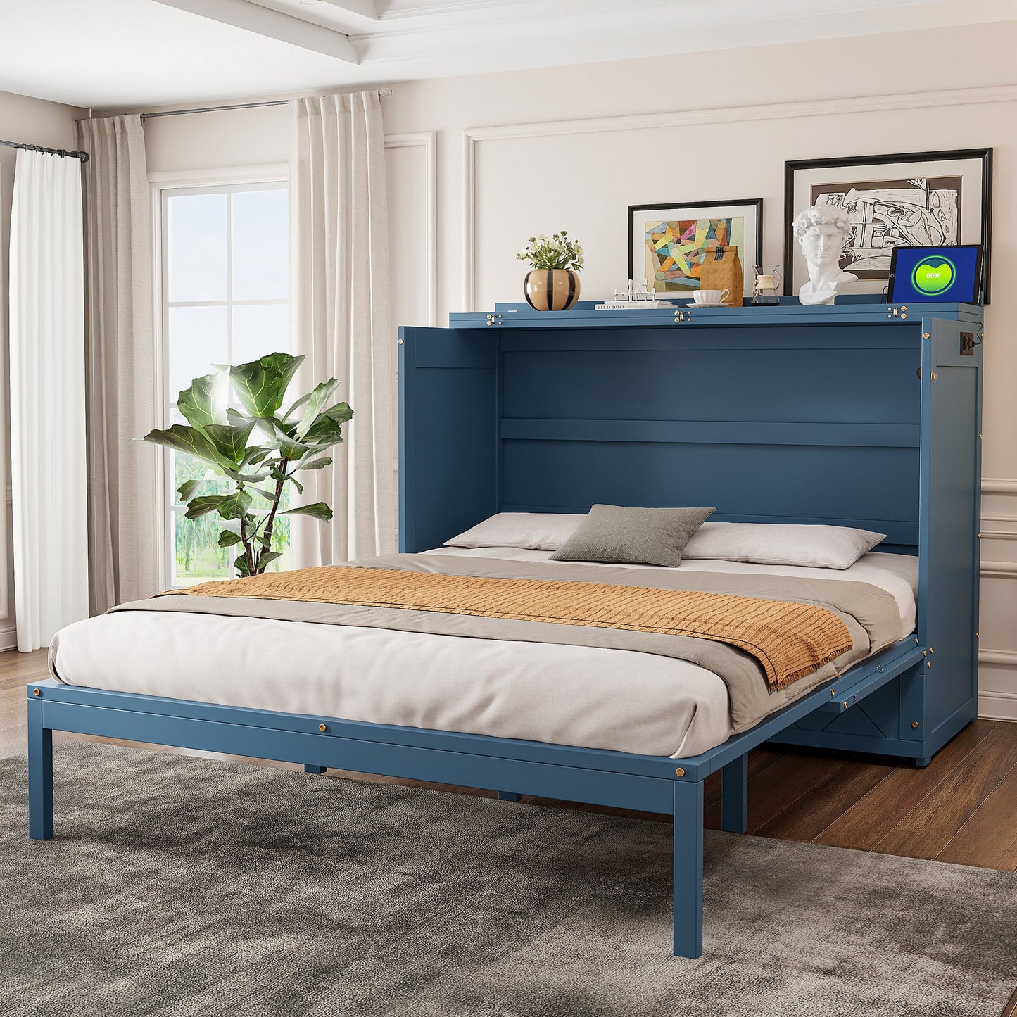 Queen Size Murphy Bed Wall Bed with Drawer and Sockets and USB Ports, Navy Blue