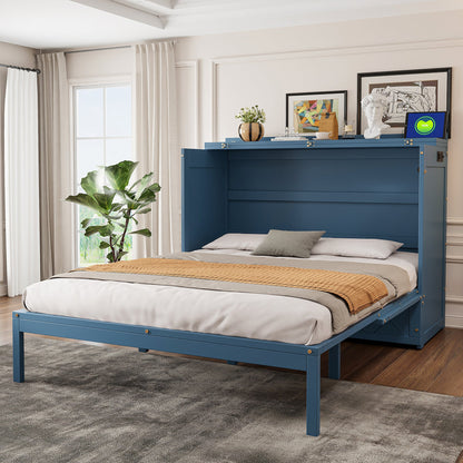 Queen Size Murphy Bed Wall Bed with Drawer and Sockets and USB Ports, Navy Blue