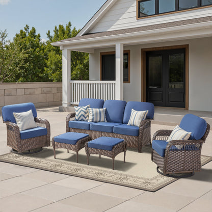 Outdoor Patio Set PE Rattan Blue 5 Piece T-Back Swivel High Back Chairs