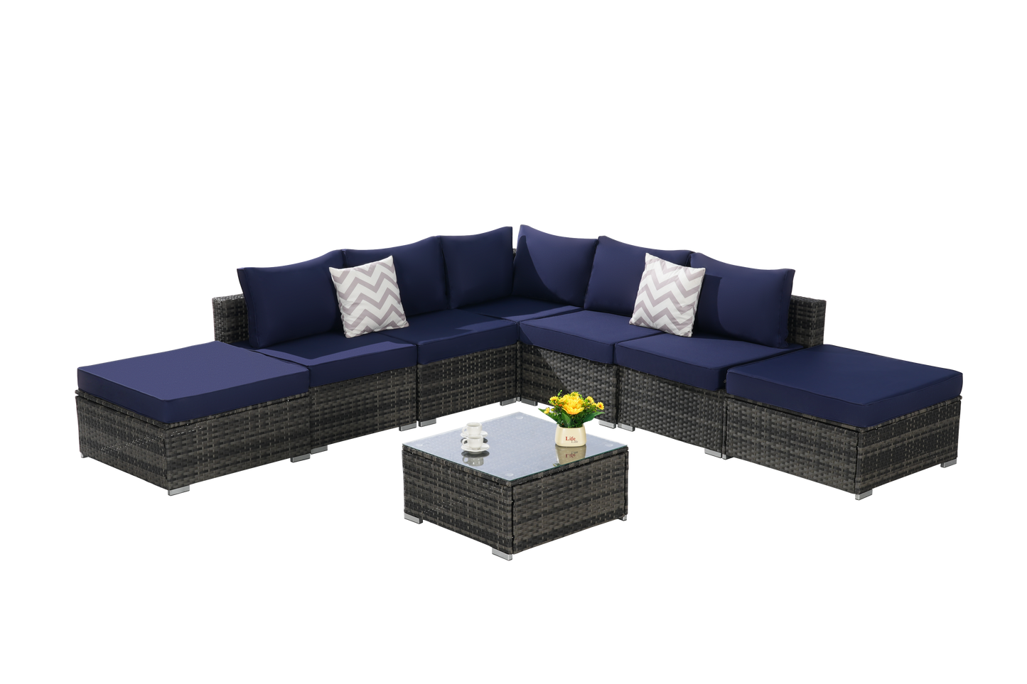 Outdoor Sectional Set PE Rattan Steel Dark Blue 8 Piece Seats 8 380 LB