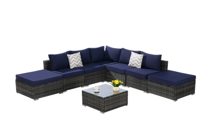 Outdoor Sectional Set PE Rattan Steel Dark Blue 8 Piece Seats 8 380 LB