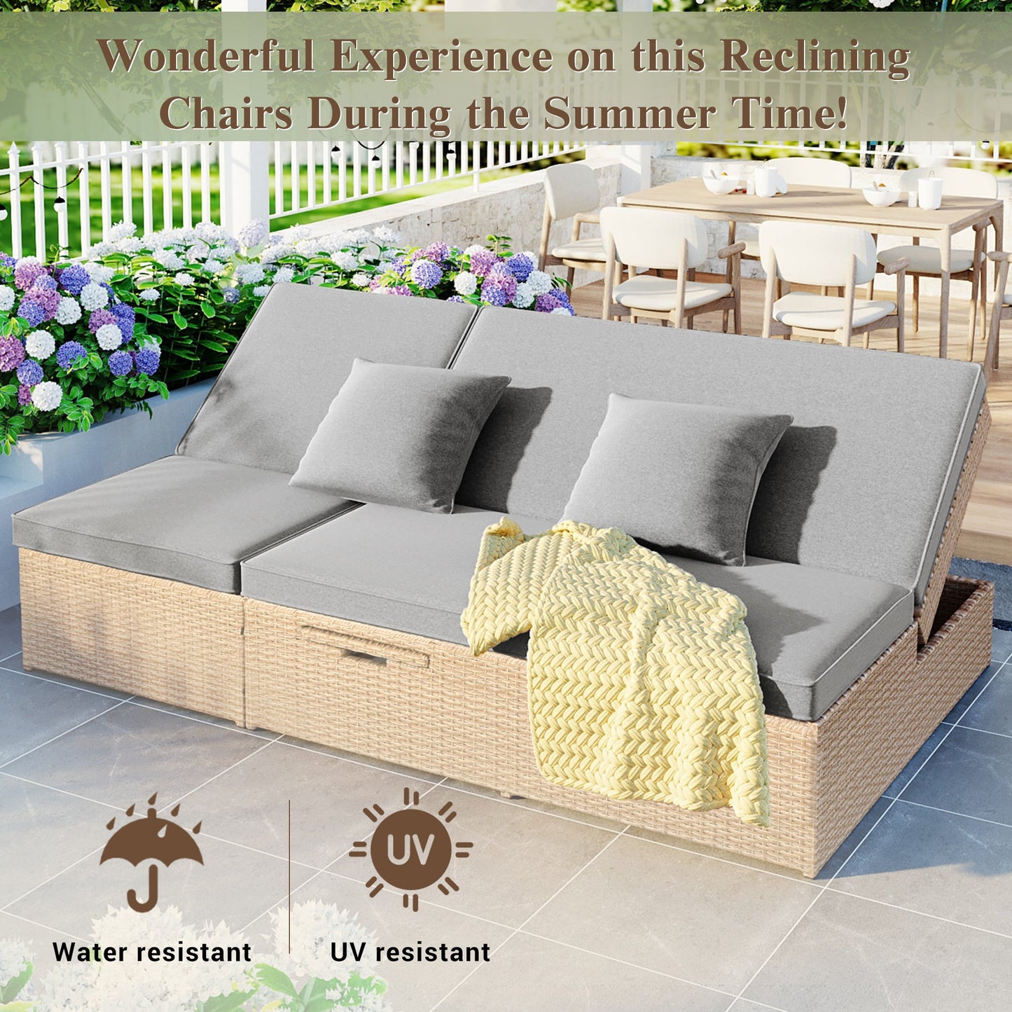 Outdoor Double Sunbed, Wicker Rattan Patio Reclining Chairs with Adjustable
