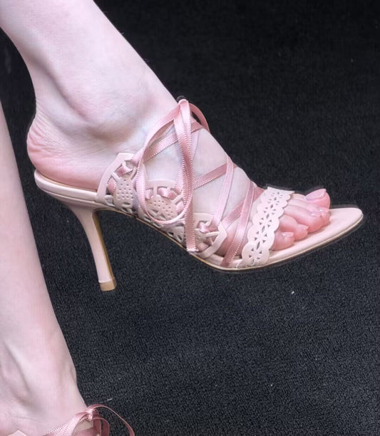 Vintage 2026 New Women Cross Strap High Heels, French Style Stiletto Hollow Printed Gorgeous Fairy Sandals