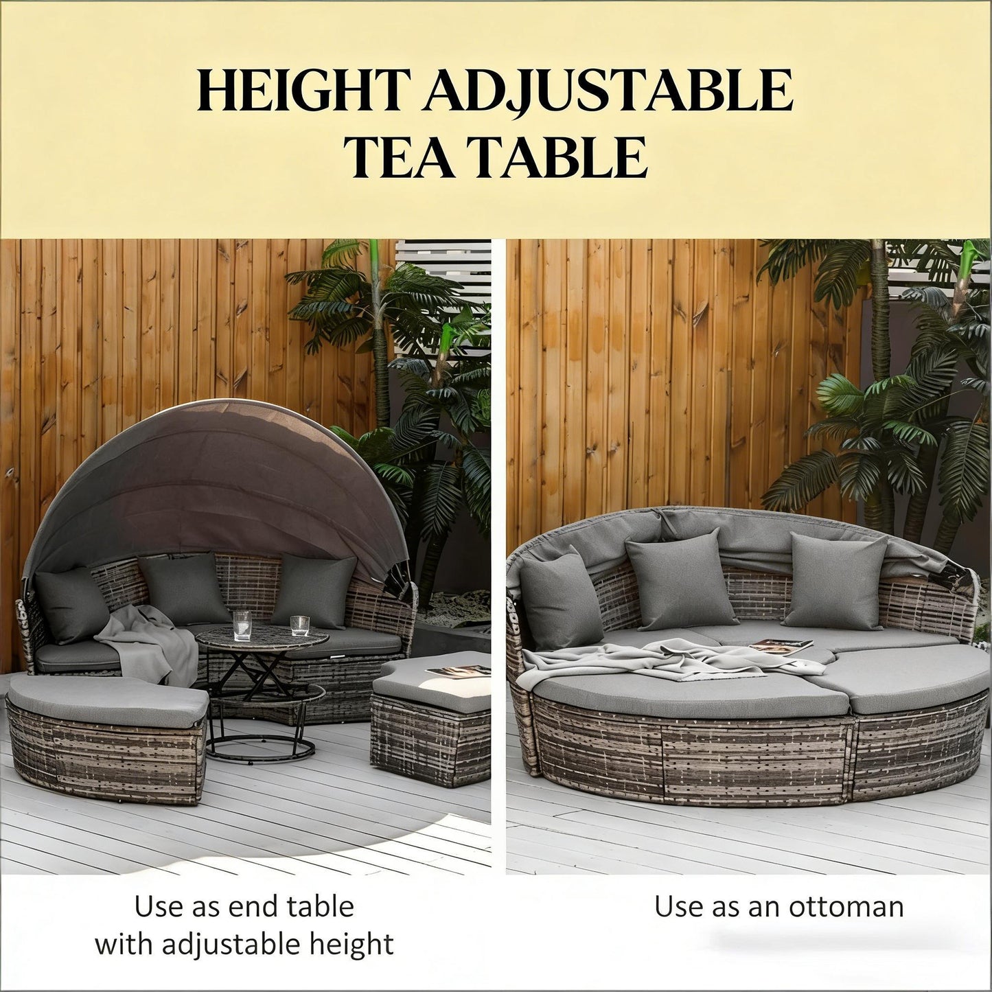 Outdoor Round Daybed Set PE Rattan Gray 4 Piece Canopy 352 lb Capacity