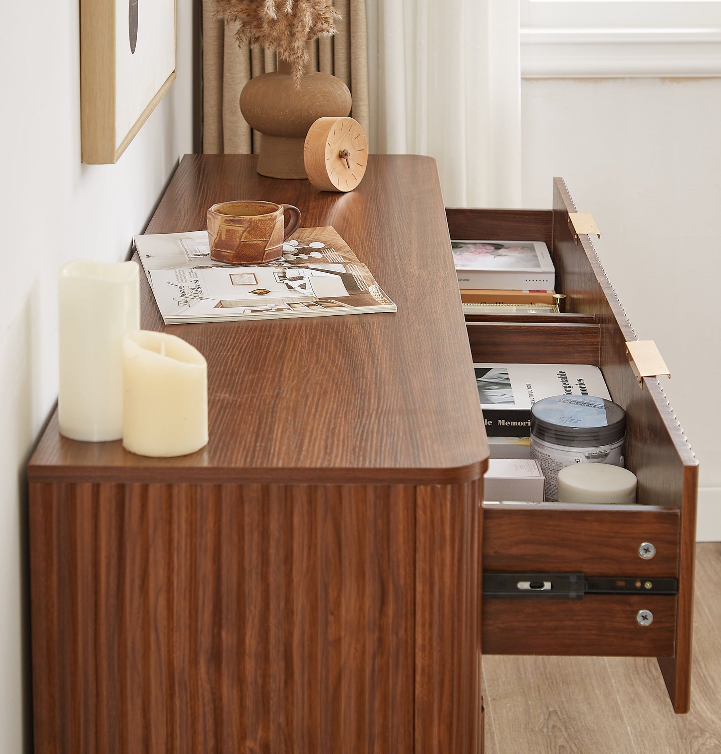 Dresser Modern 6-Drawer Walnut MDF Wave Texture 55.1x15.75x31.5 In 150 LB