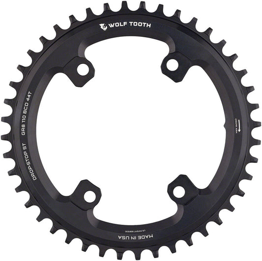 Wolf Tooth Shimano 110 Asymmetric BCD Chainring - 44t 110 Asymmetric BCD 4-Bolt Drop-Stop ST For Shimano GRX Cranks BLK