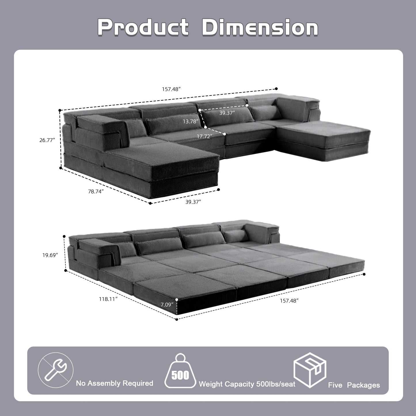 Sectional Sofa Bed Modular Circle Fleece Dark Gray 4 Seat 157 In Convertible