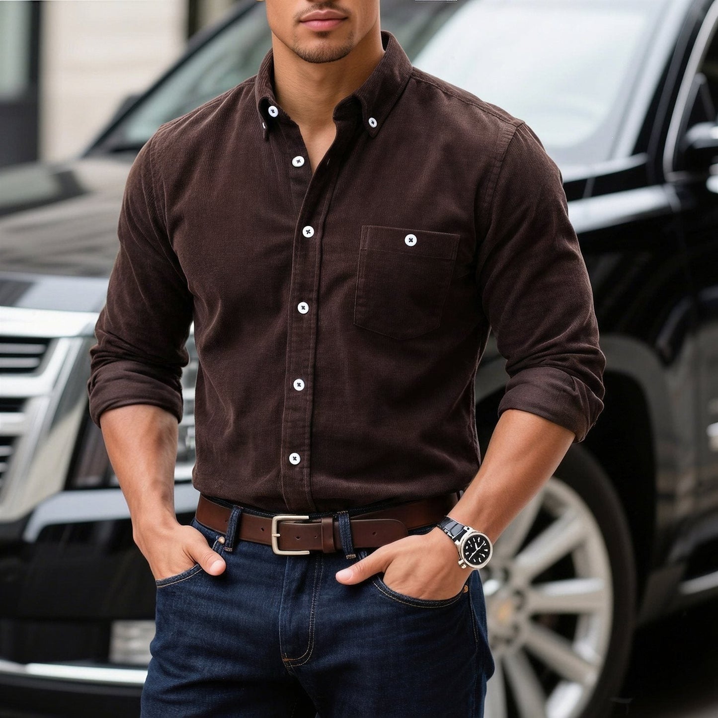 Mens Solid-Color Corduroy Long-Sleeve Base Shirt