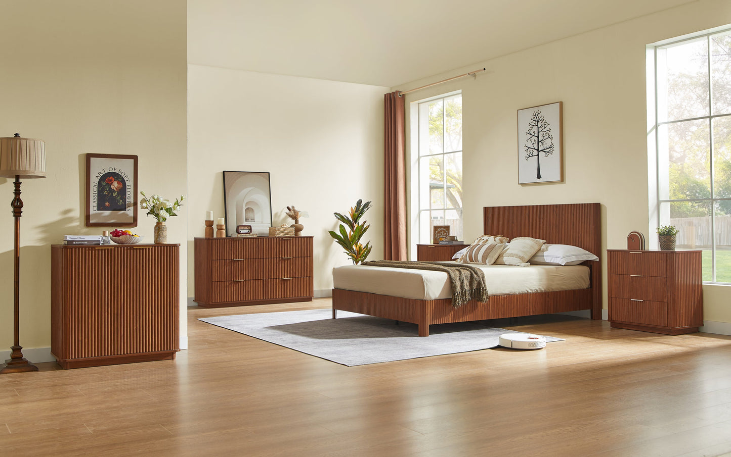 Dresser Modern 6-Drawer Walnut MDF Wave Texture 55.1x15.75x31.5 In 150 LB