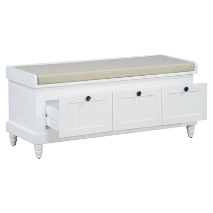 Entry Bench Fluted MDF White Cushioned Seat 3 Drawers 44x16x19