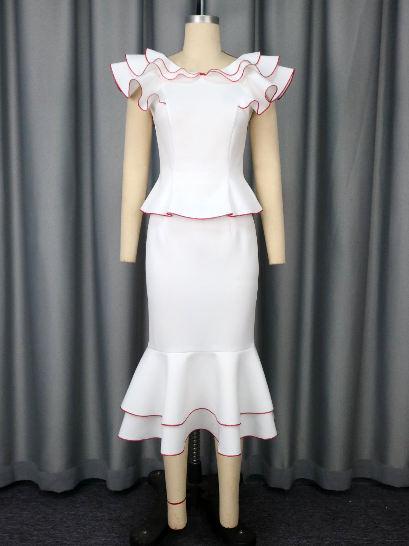 Women's Ruffled Contrast Color Top Temperament Slim Fishtail Skirt Suit