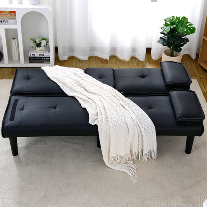 67-inch Black PVC Multi-Functional Sofa Bed with Foldable Design and Cup Holder