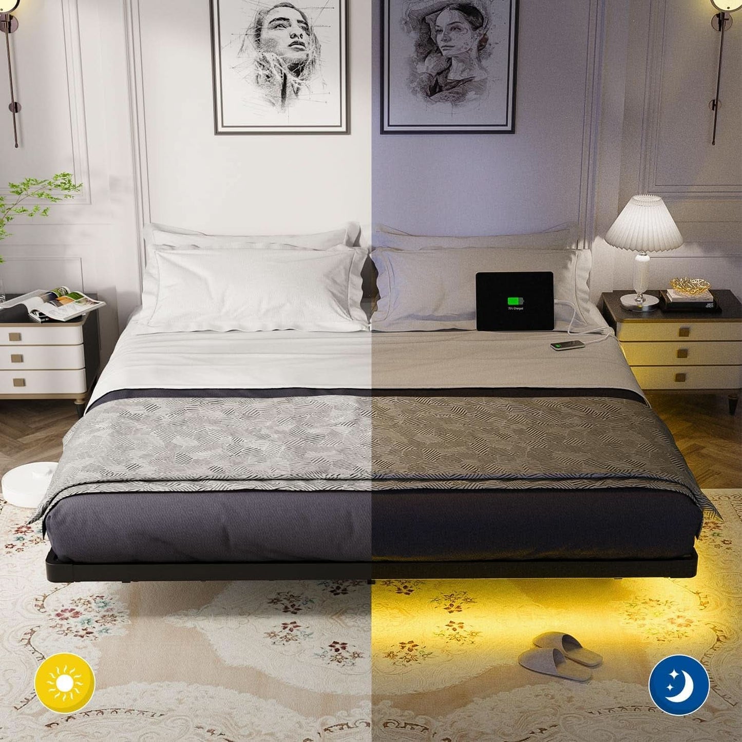 King Size Floating Bed Frame With Integrated LED Lighting