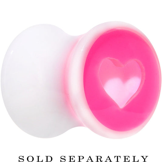 0G White Pink Acrylic Adoring Heart Saddle Plug