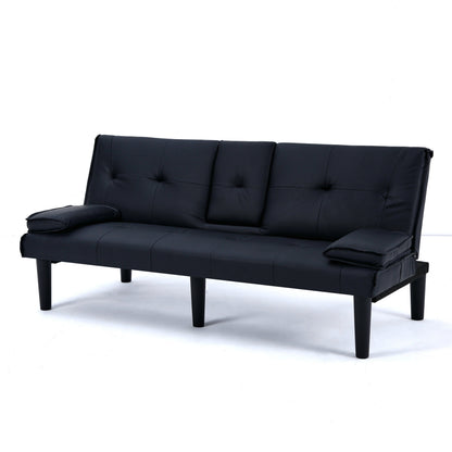 67-inch Black PVC Multi-Functional Sofa Bed with Foldable Design and Cup Holder